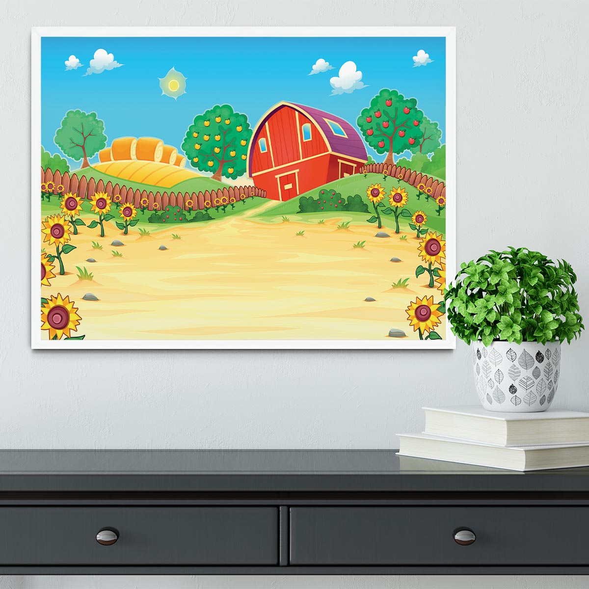 Funny landscape with the farm and sunflowers Framed Print - Canvas Art Rocks -6
