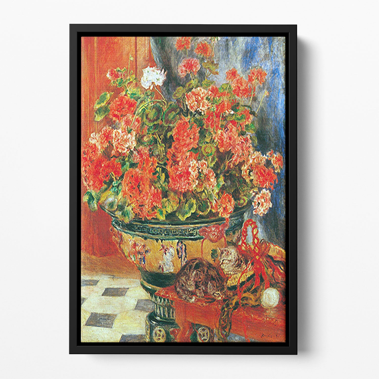 Geraniums and cats by Renoir Floating Framed Canvas