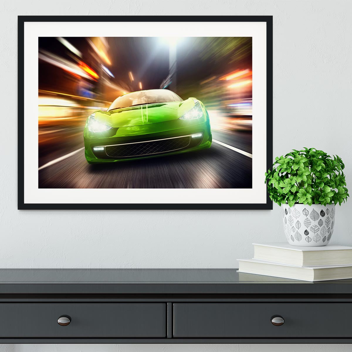 Green Race Car Framed Print - Canvas Art Rocks - 1