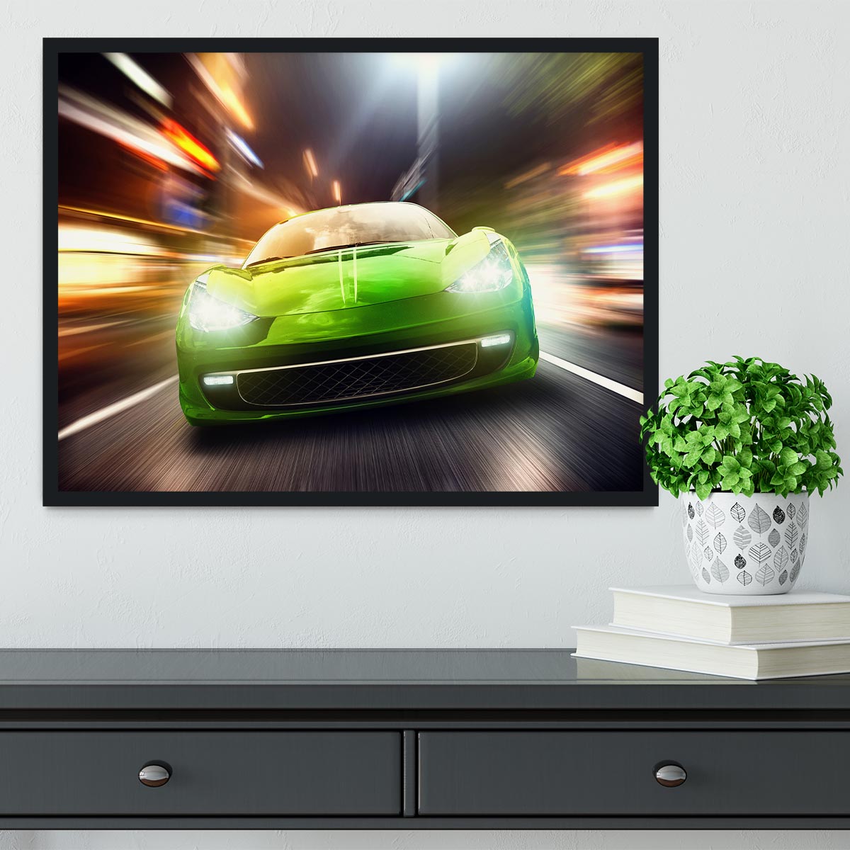 Green Race Car Framed Print - Canvas Art Rocks - 2