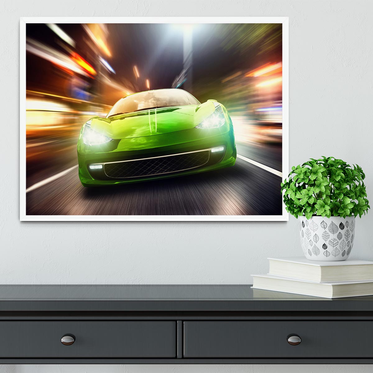 Green Race Car Framed Print - Canvas Art Rocks -6
