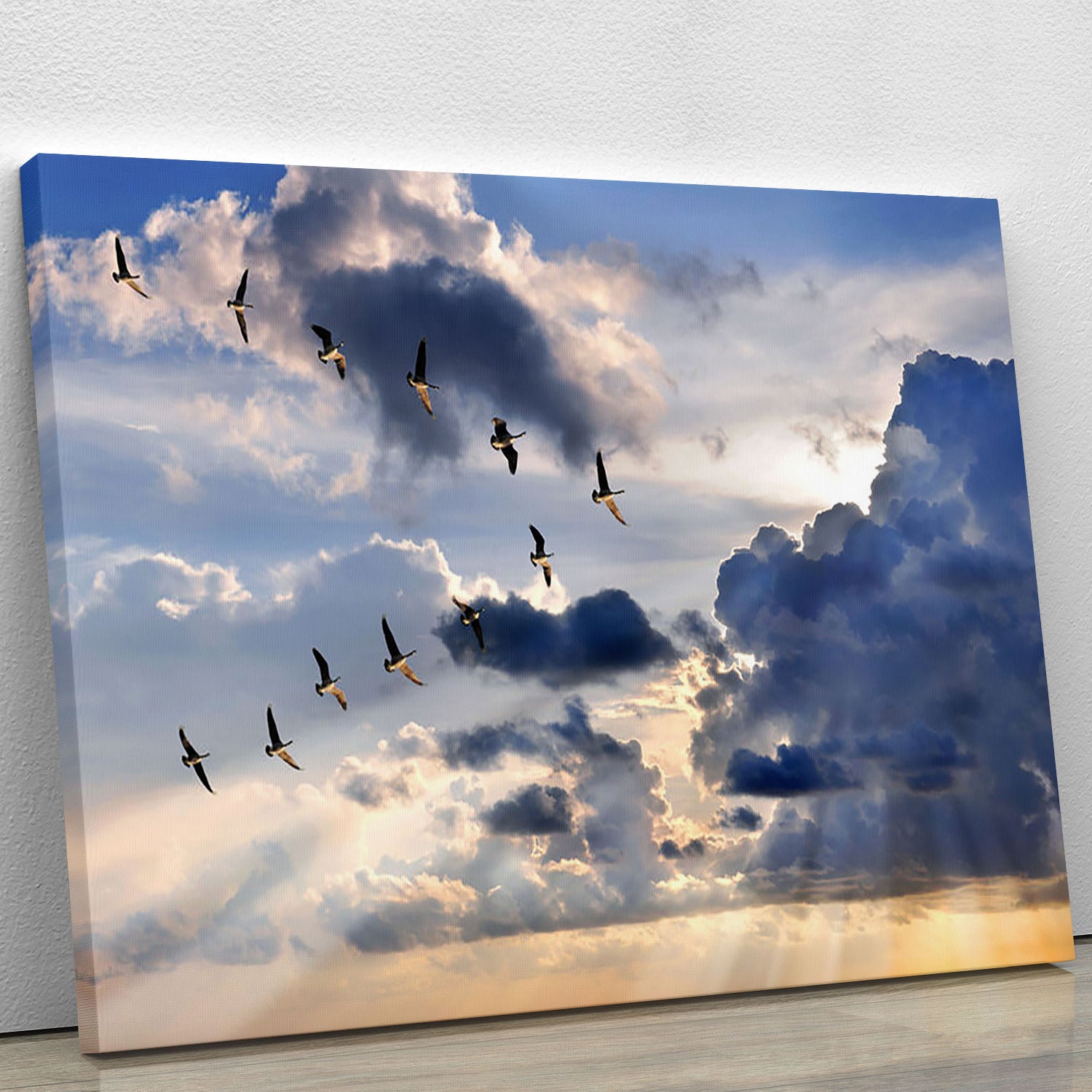 Group of Canadian geese flying in V-formation Canvas Print or Poster - Canvas Art Rocks - 1