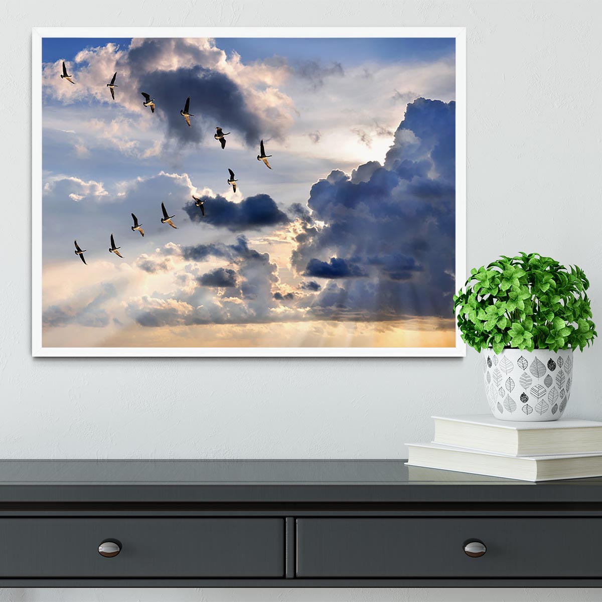 Group of Canadian geese flying in V-formation Framed Print - Canvas Art Rocks -6