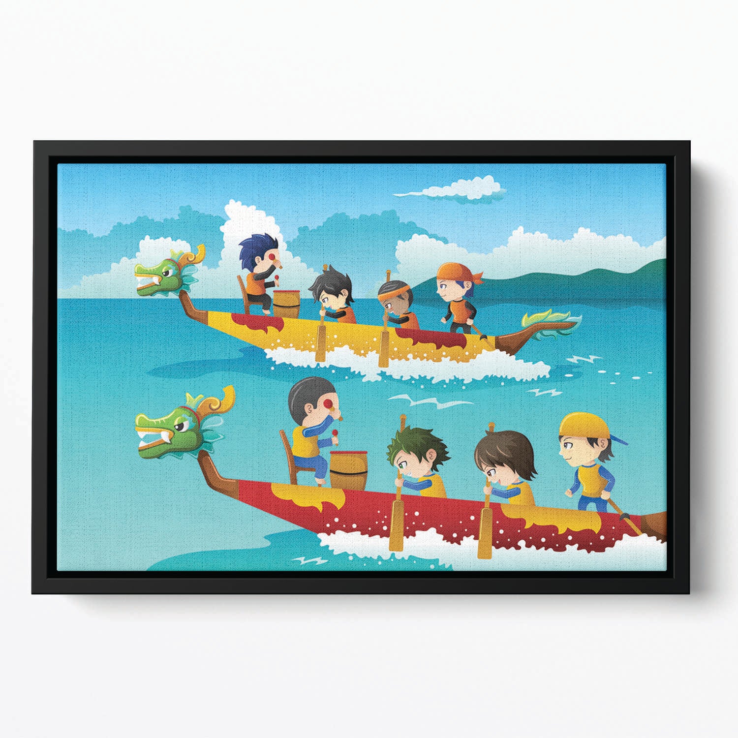 Happy kids in a boat race Floating Framed Canvas