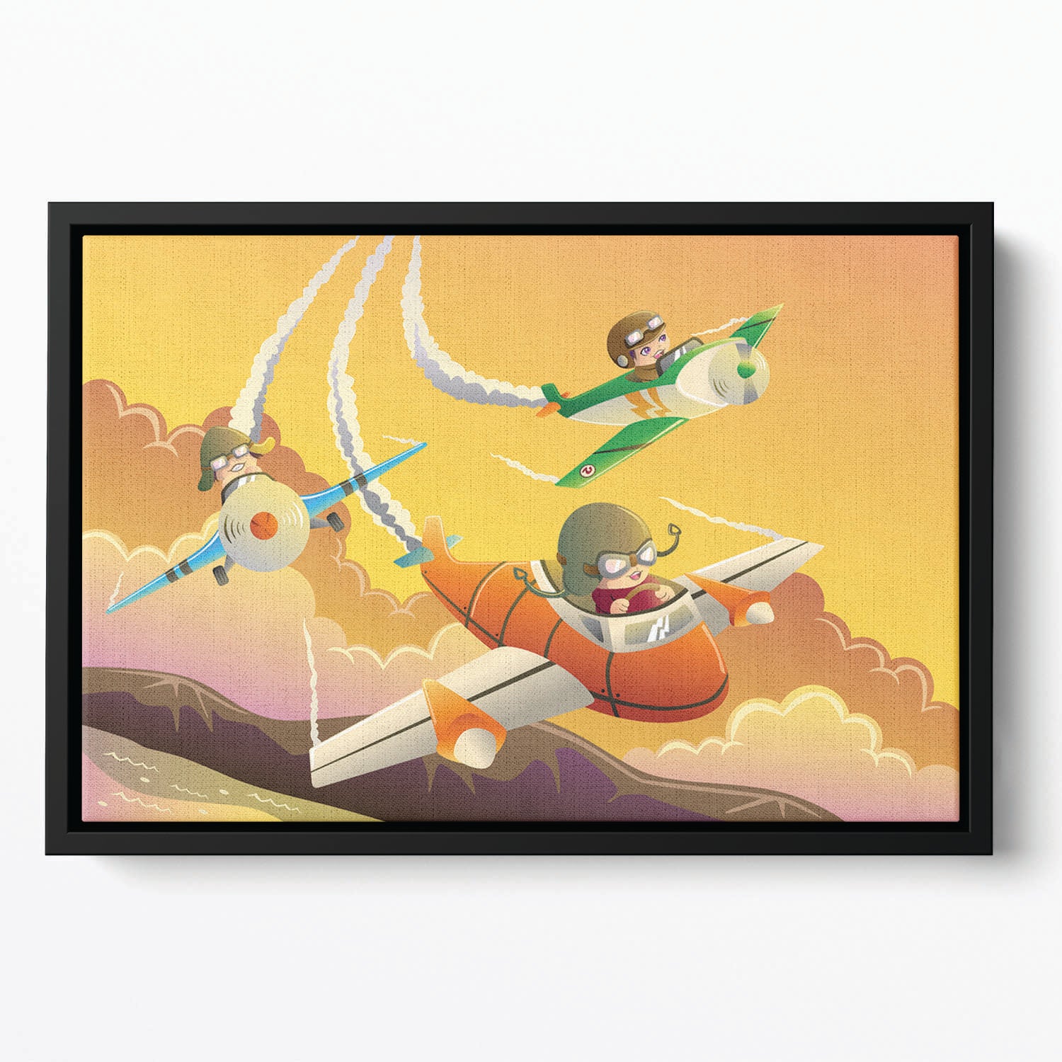 Happy kids in an airplane race Floating Framed Canvas