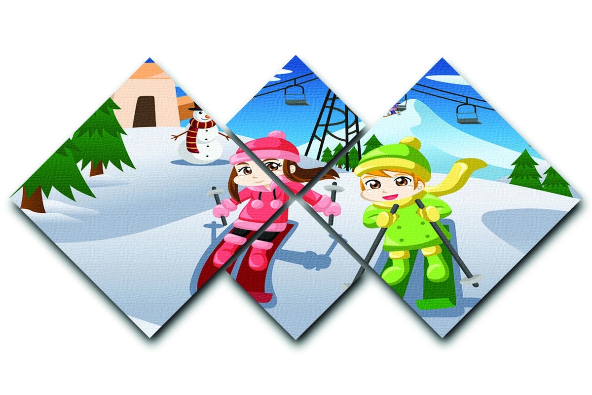 Happy kids skiing together 4 Square Multi Panel Canvas  - Canvas Art Rocks - 1