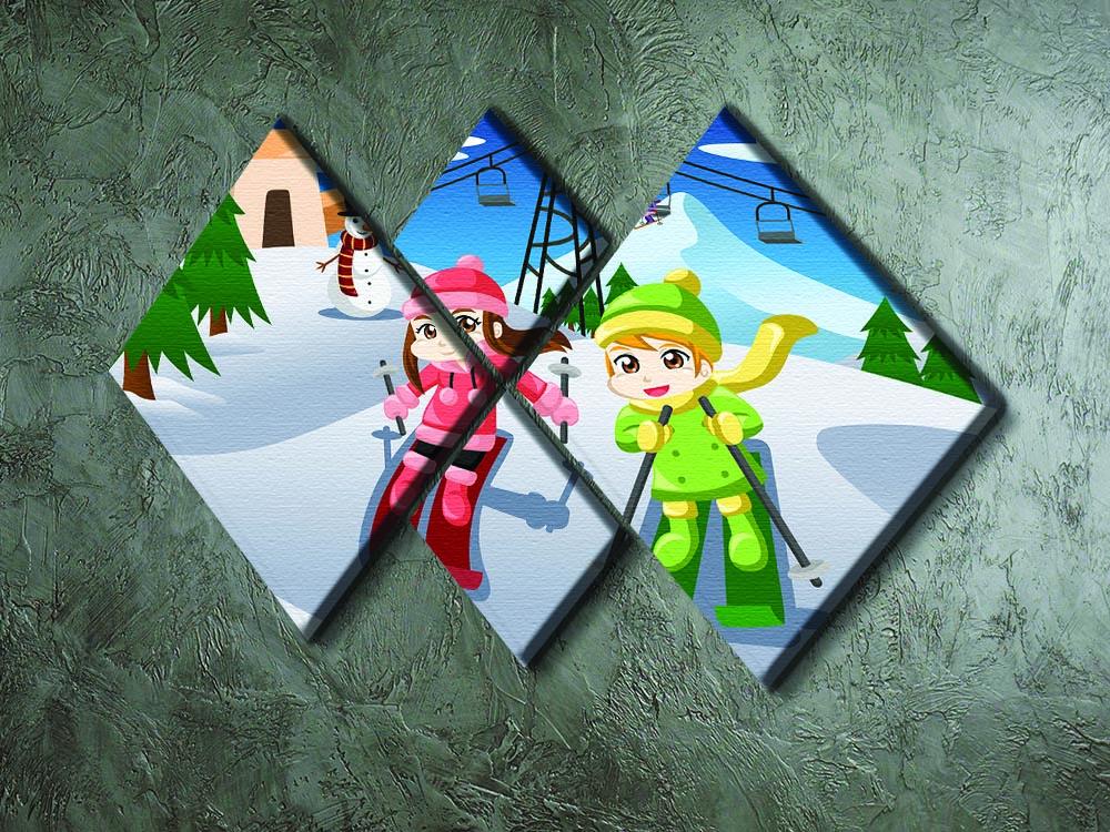 Happy kids skiing together 4 Square Multi Panel Canvas - Canvas Art Rocks - 2