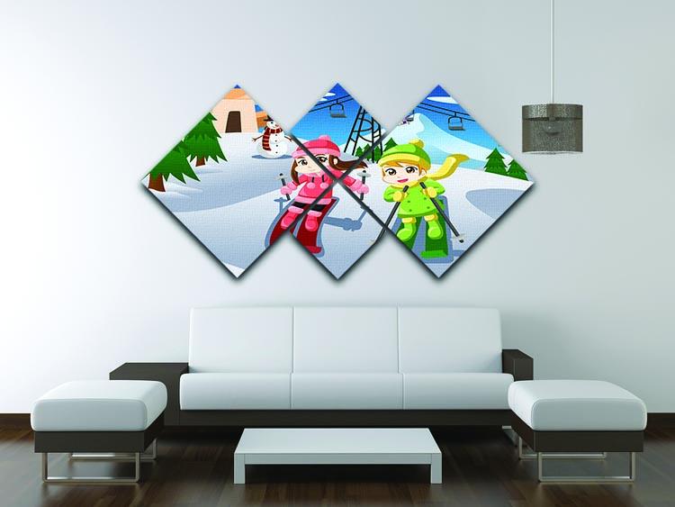 Happy kids skiing together 4 Square Multi Panel Canvas - Canvas Art Rocks - 3