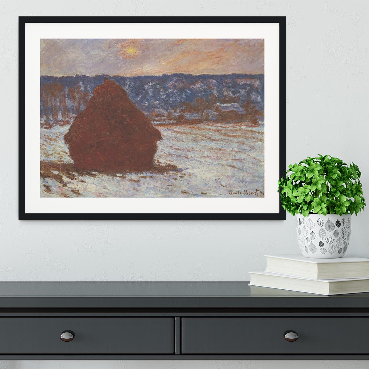 Haystacks snow covered the sky by Monet Framed Print - Canvas Art Rocks - 1