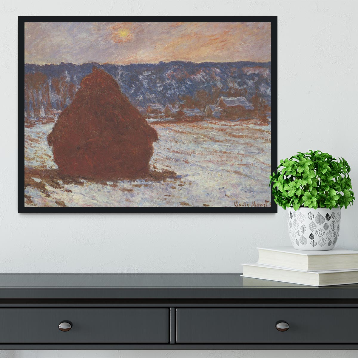 Haystacks snow covered the sky by Monet Framed Print - Canvas Art Rocks - 2