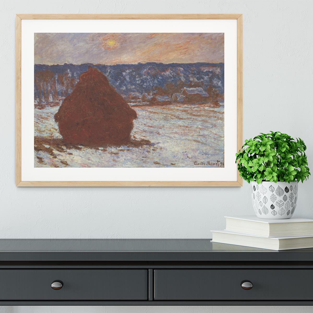 Haystacks snow covered the sky by Monet Framed Print - Canvas Art Rocks - 3