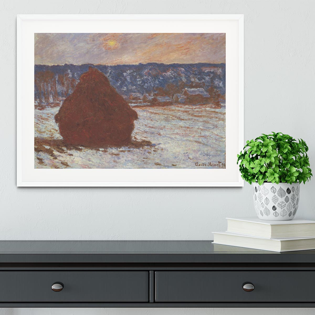 Haystacks snow covered the sky by Monet Framed Print - Canvas Art Rocks - 5