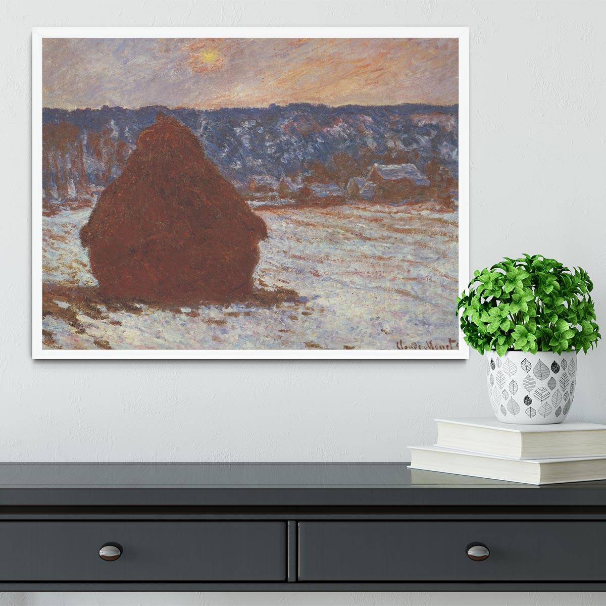 Haystacks snow covered the sky by Monet Framed Print - Canvas Art Rocks -6