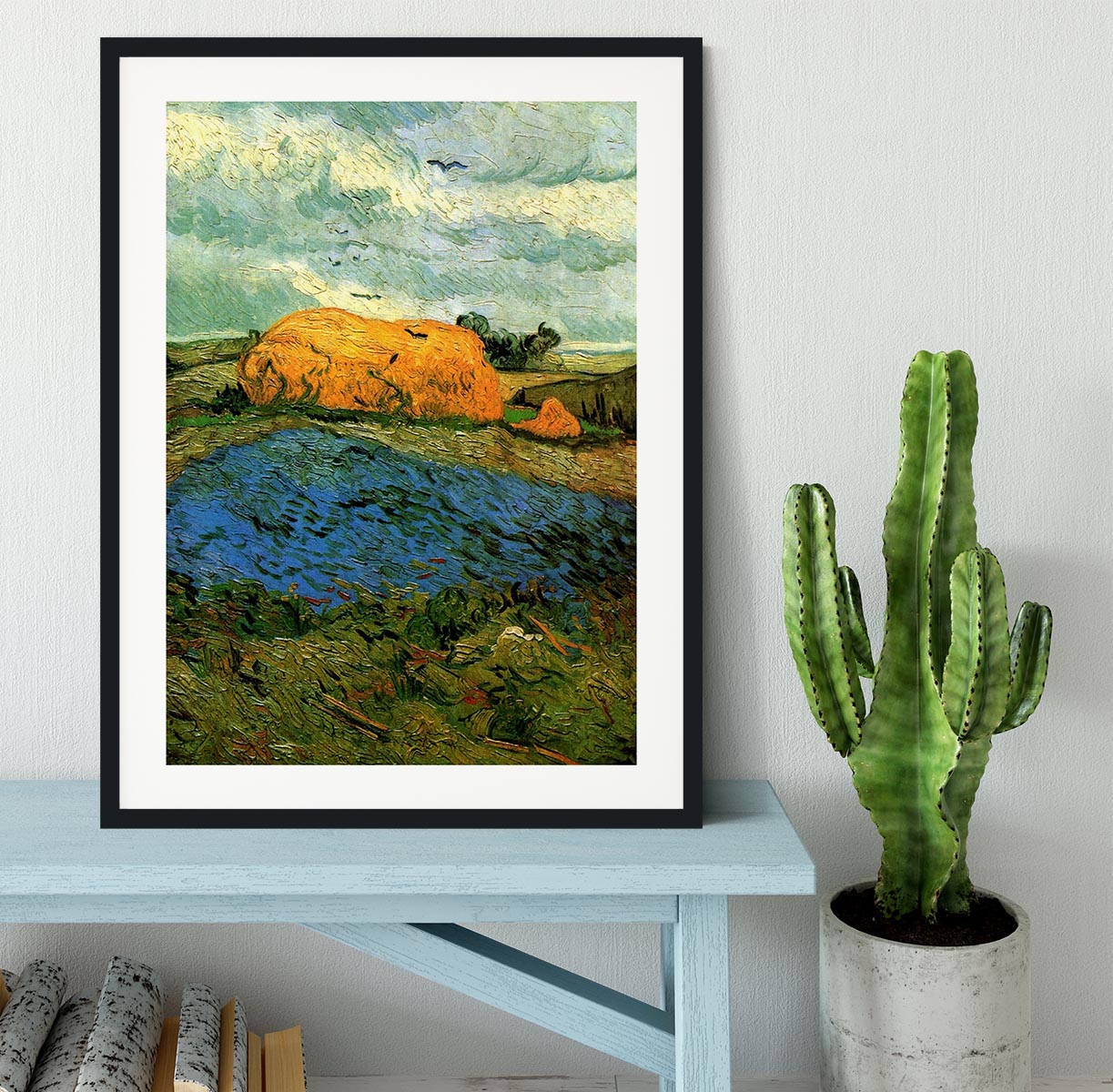 Haystacks under a Rainy Sky by Van Gogh Framed Print - Canvas Art Rocks - 1