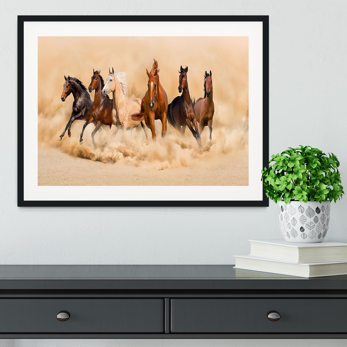 Horse herd run in desert sand storm Framed Print - Canvas Art Rocks - 1