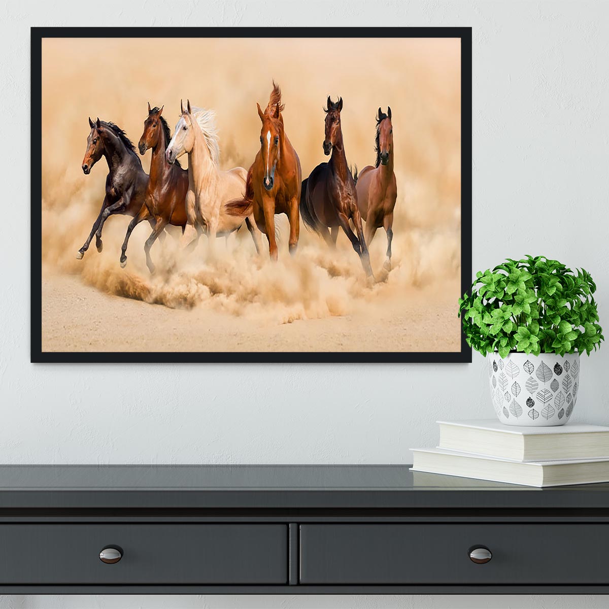 Horse herd run in desert sand storm Framed Print - Canvas Art Rocks - 2