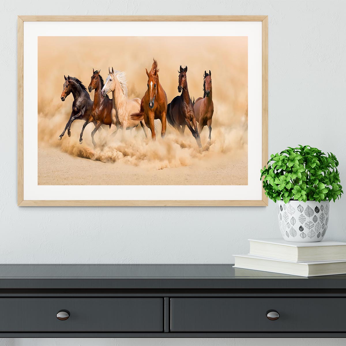 Horse herd run in desert sand storm Framed Print - Canvas Art Rocks - 3