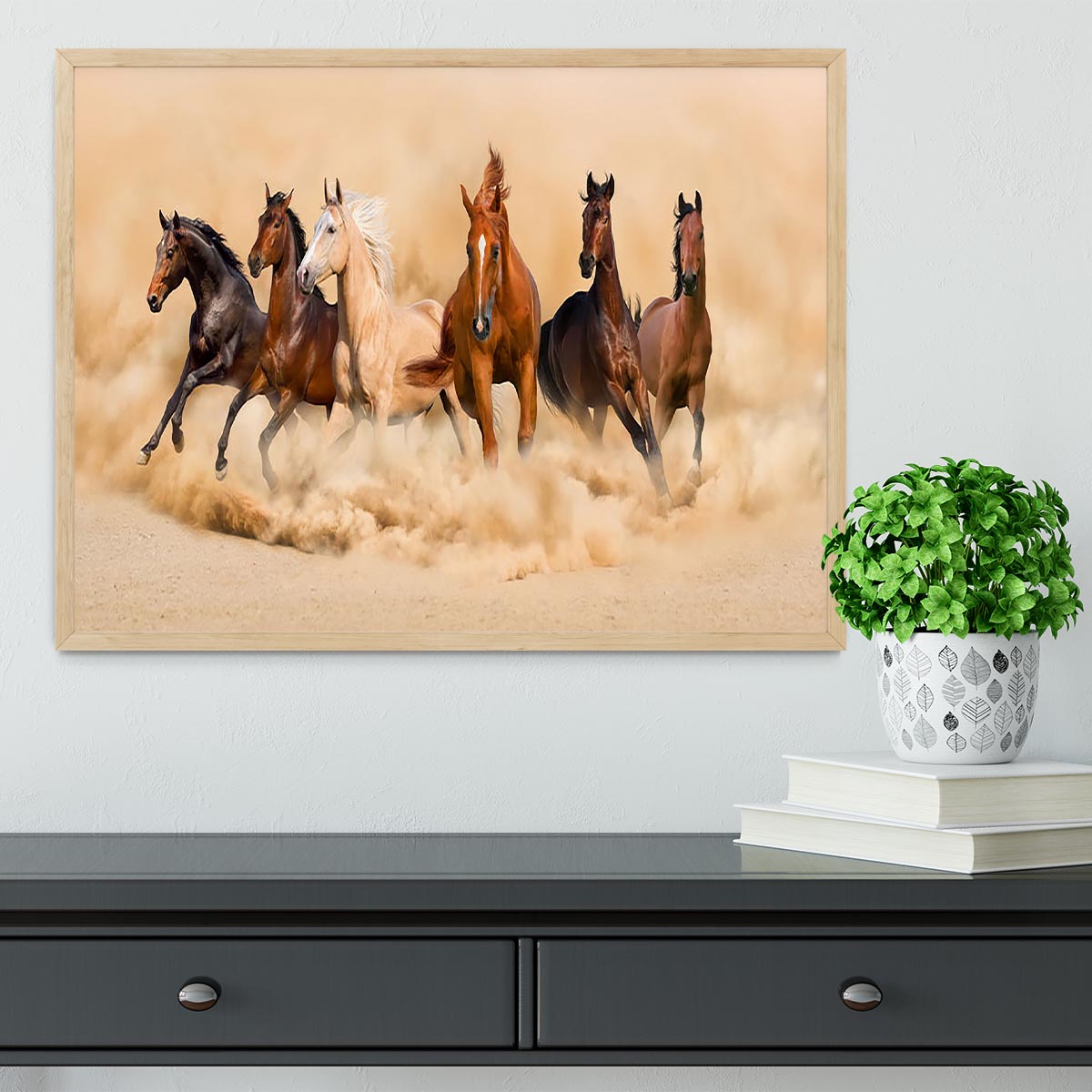 Horse herd run in desert sand storm Framed Print - Canvas Art Rocks - 4