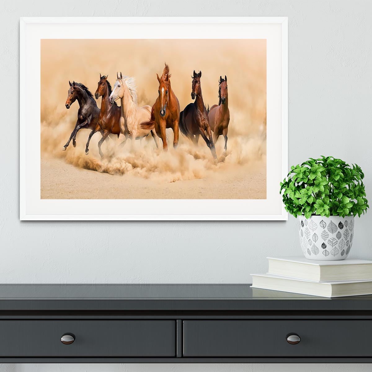 Horse herd run in desert sand storm Framed Print - Canvas Art Rocks - 5