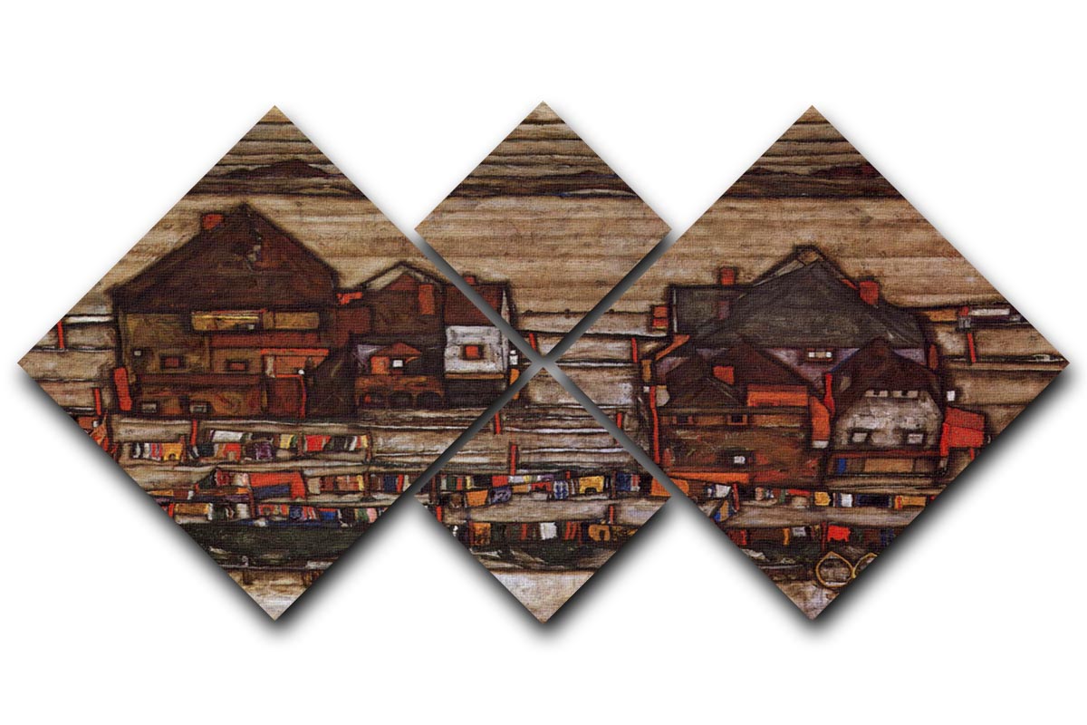 Houses with laundry lines and suburban by Egon Schiele 4 Square Multi Panel Canvas - Canvas Art Rocks - 1