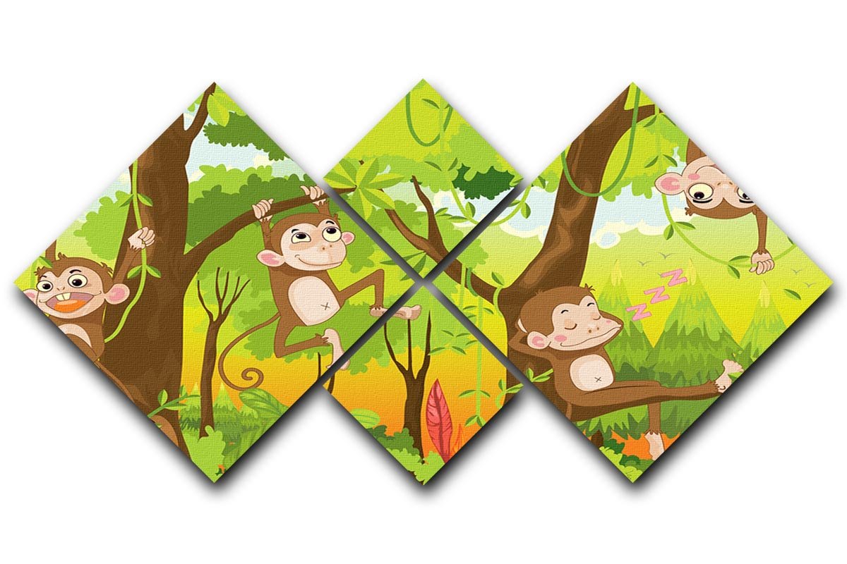 Illustration of a monkey in a jungle 4 Square Multi Panel Canvas - Canvas Art Rocks - 1