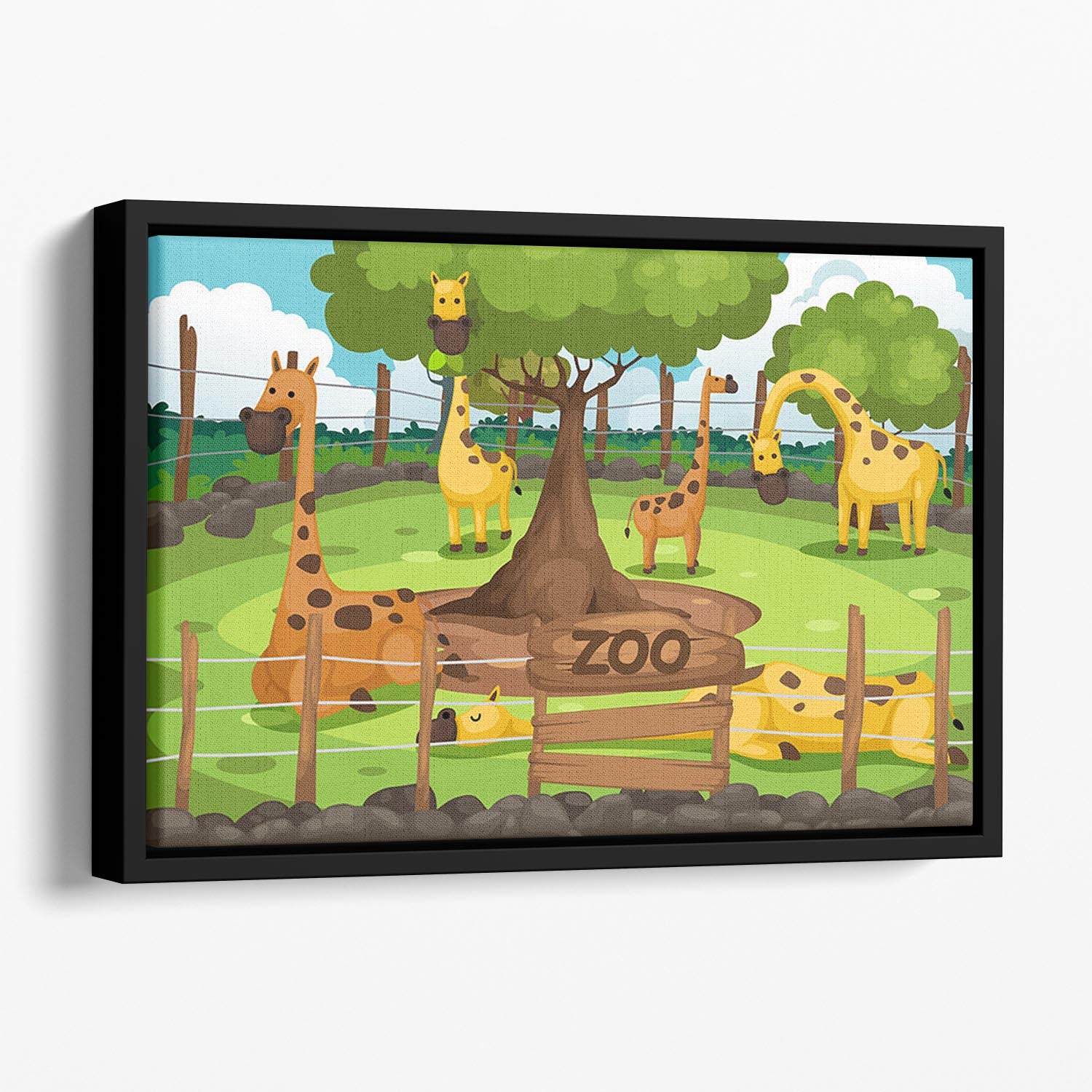 Illustration of a zoo and giraffe Floating Framed Canvas - Canvas Art Rocks - 1