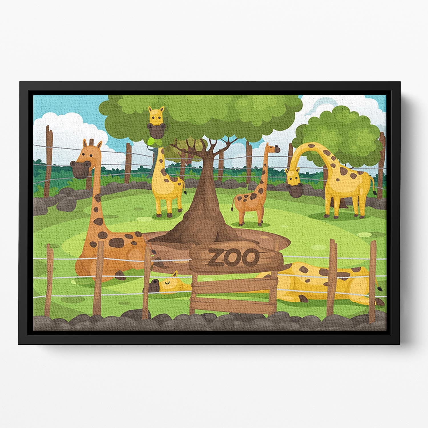 Illustration of a zoo and giraffe Floating Framed Canvas - Canvas Art Rocks - 2