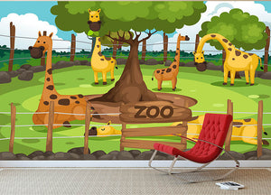 Illustration of a zoo and giraffe Wall Mural Wallpaper - Canvas Art Rocks - 2