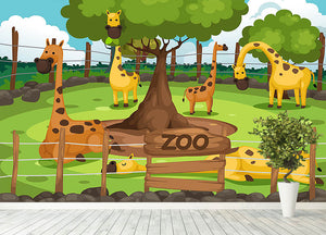 Illustration of a zoo and giraffe Wall Mural Wallpaper - Canvas Art Rocks - 4