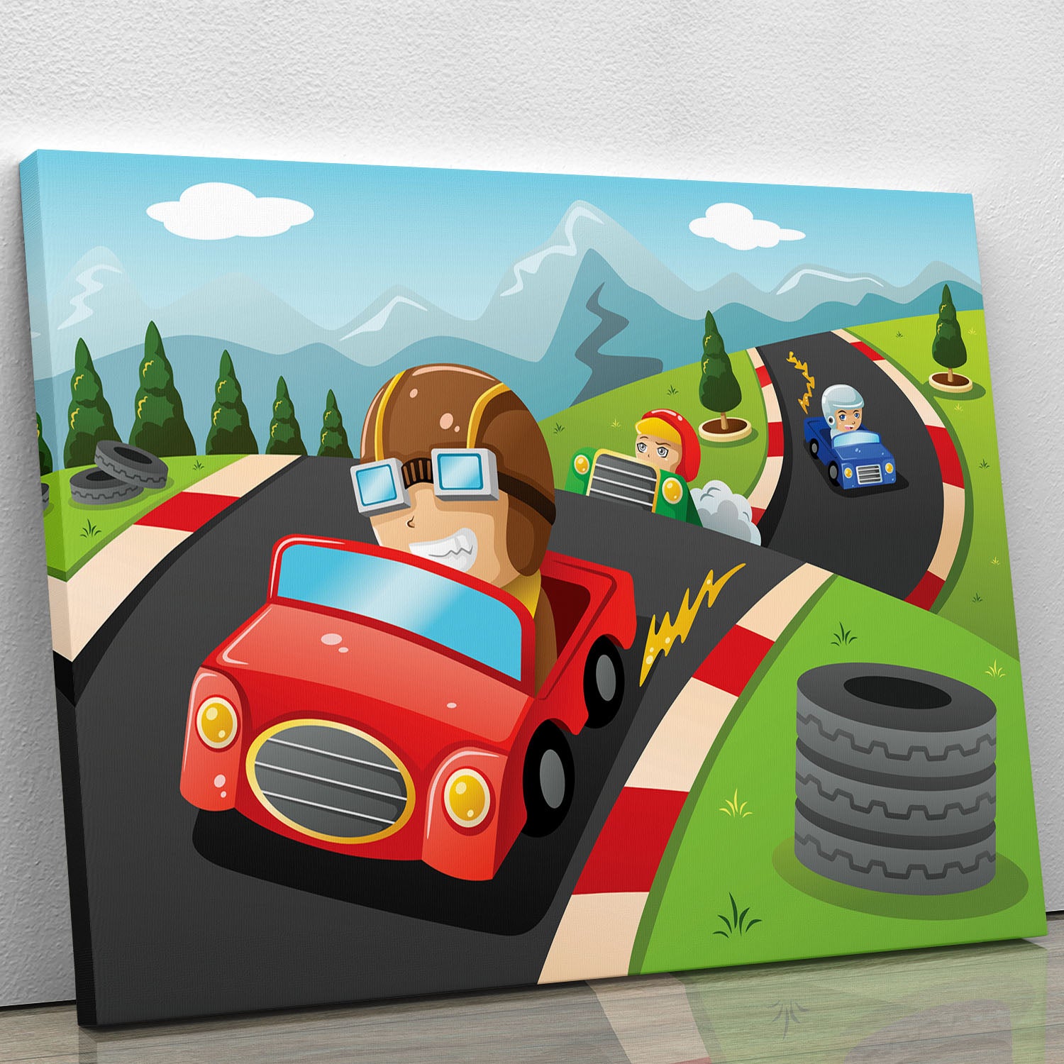 Illustration of happy kids in a car racing Canvas Print or Poster - Canvas Art Rocks - 1