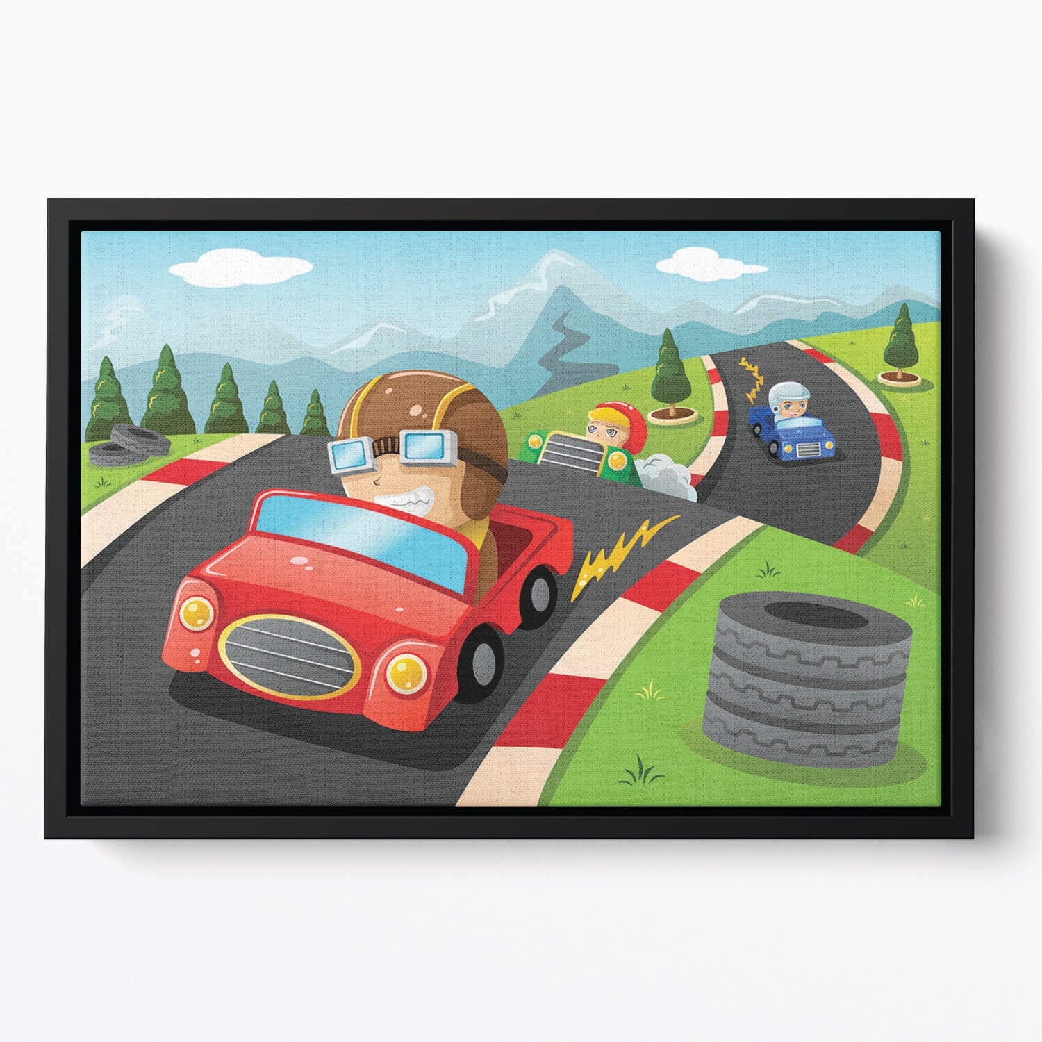 Illustration of happy kids in a car racing Floating Framed Canvas