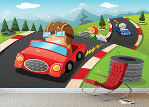 Illustration of happy kids in a car racing Wall Mural Wallpaper - Canvas Art Rocks - 3