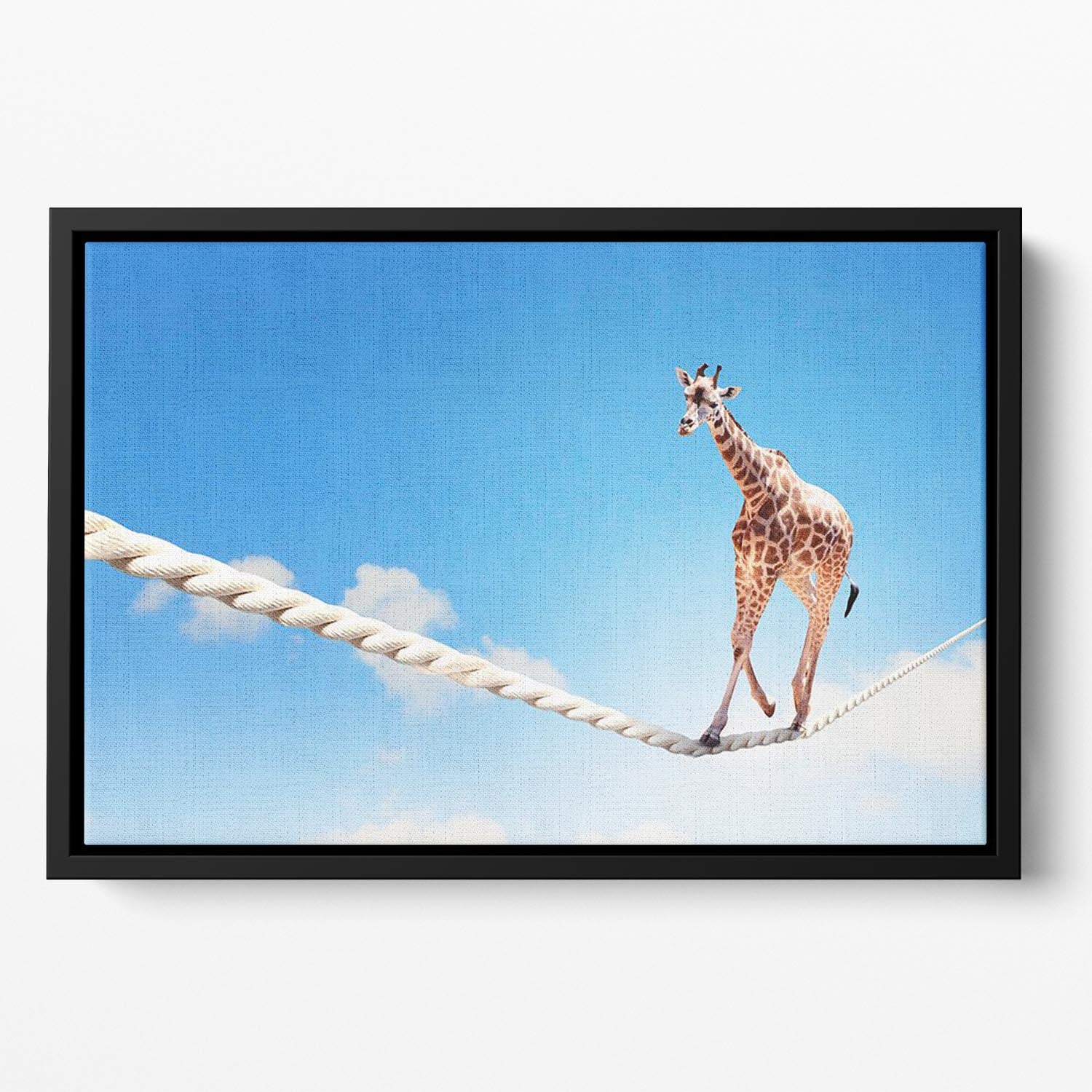 Image of giraffe walking on rope high in sky Floating Framed Canvas - Canvas Art Rocks - 2
