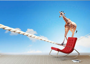 Image of giraffe walking on rope high in sky Wall Mural Wallpaper - Canvas Art Rocks - 2
