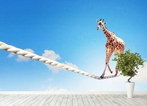 Image of giraffe walking on rope high in sky Wall Mural Wallpaper - Canvas Art Rocks - 4