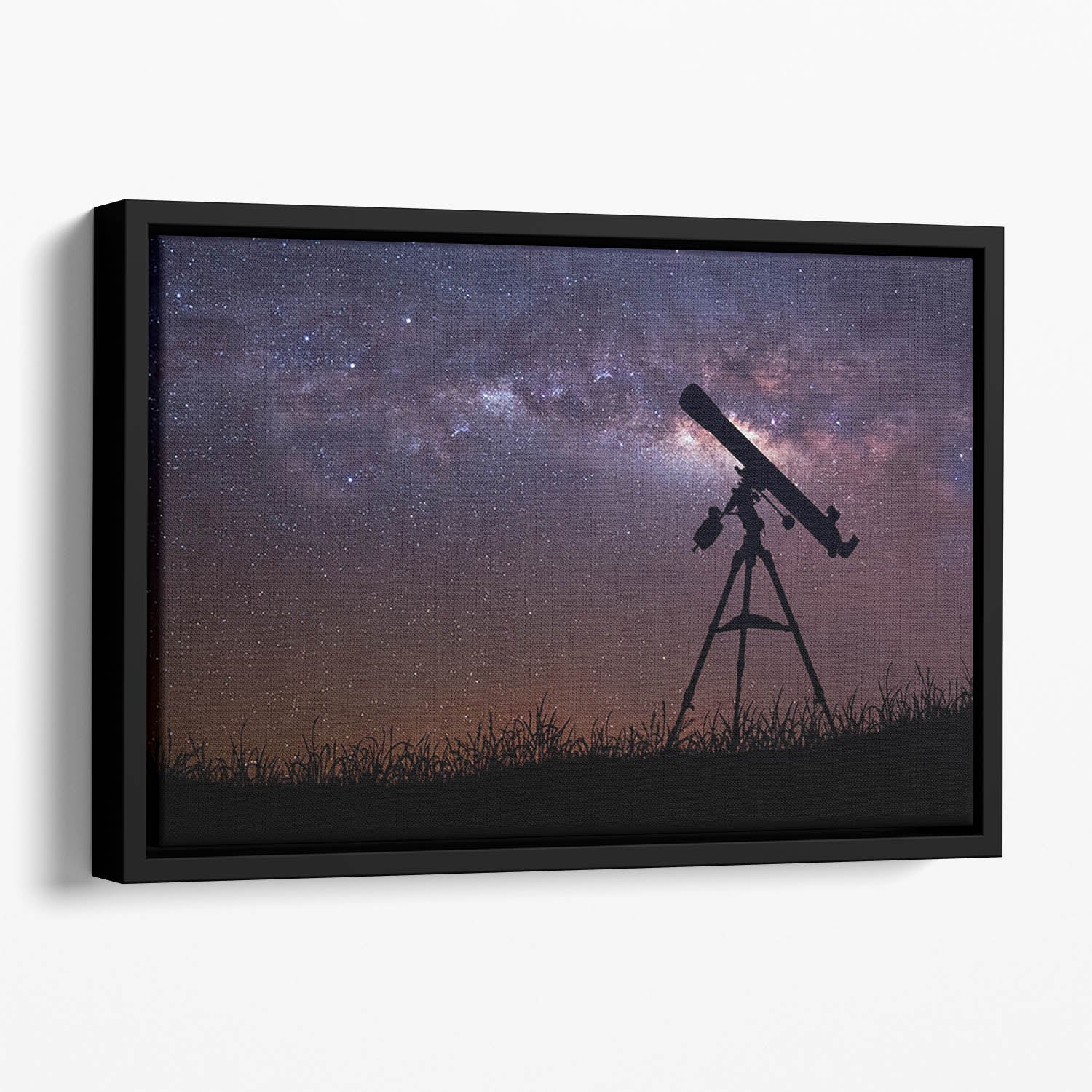 Infinite space background with silhouette of telescope Floating Framed Canvas