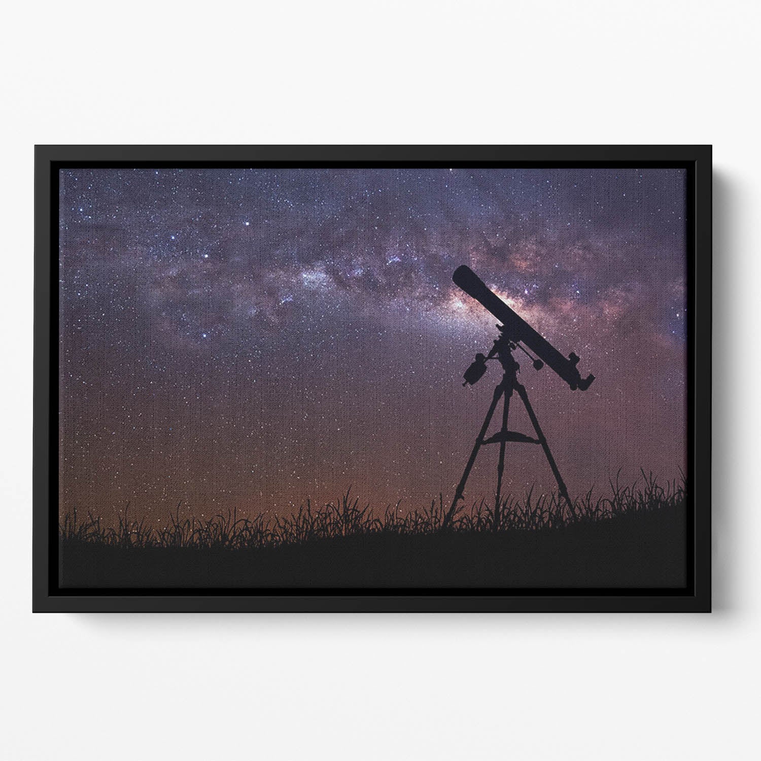 Infinite space background with silhouette of telescope Floating Framed Canvas