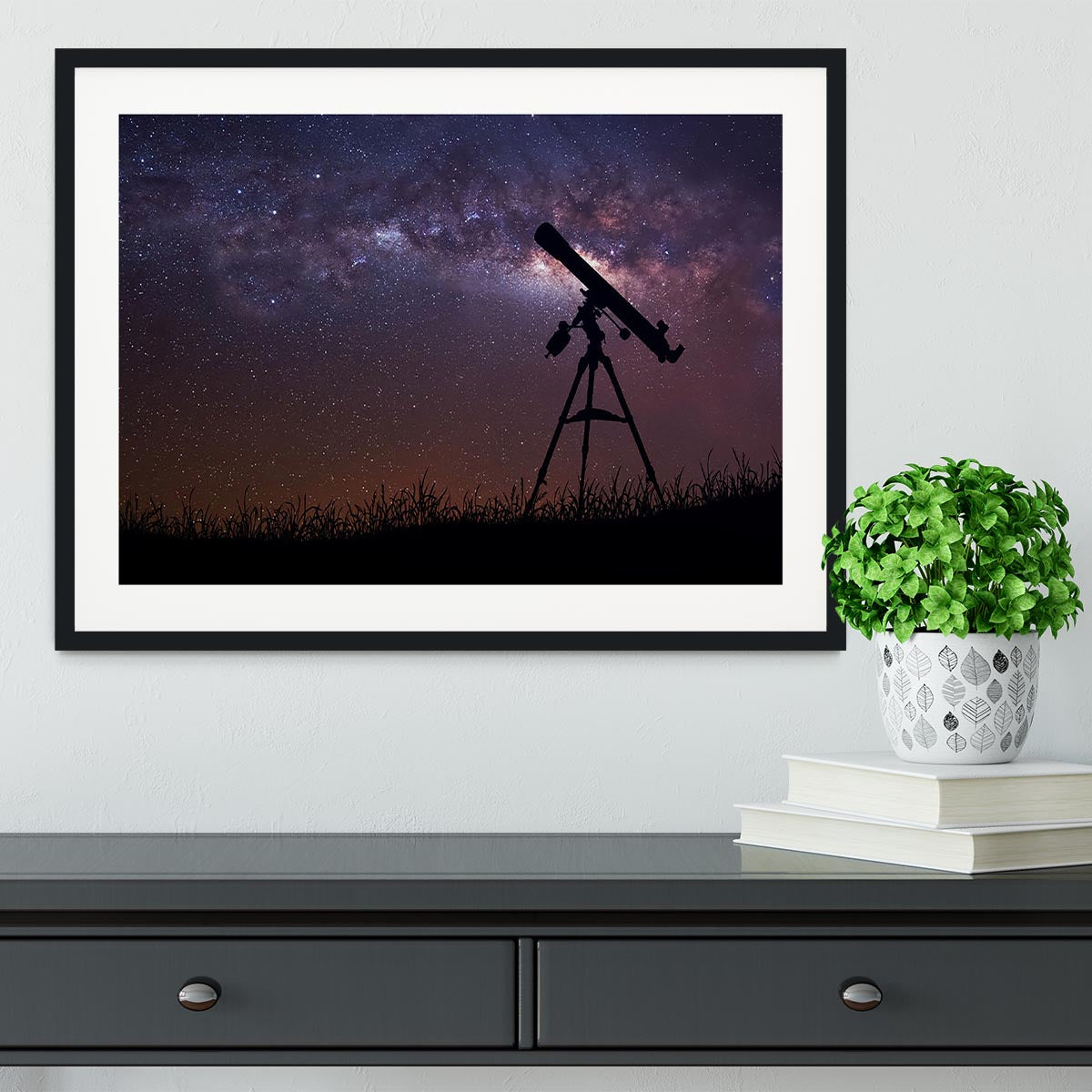 Infinite space background with silhouette of telescope Framed Print - Canvas Art Rocks - 1