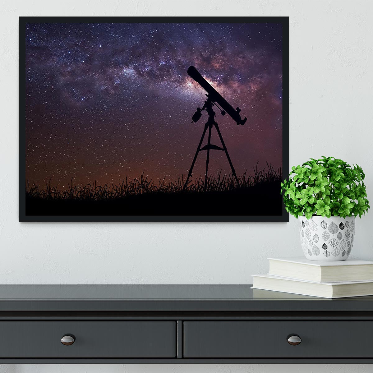 Infinite space background with silhouette of telescope Framed Print - Canvas Art Rocks - 2