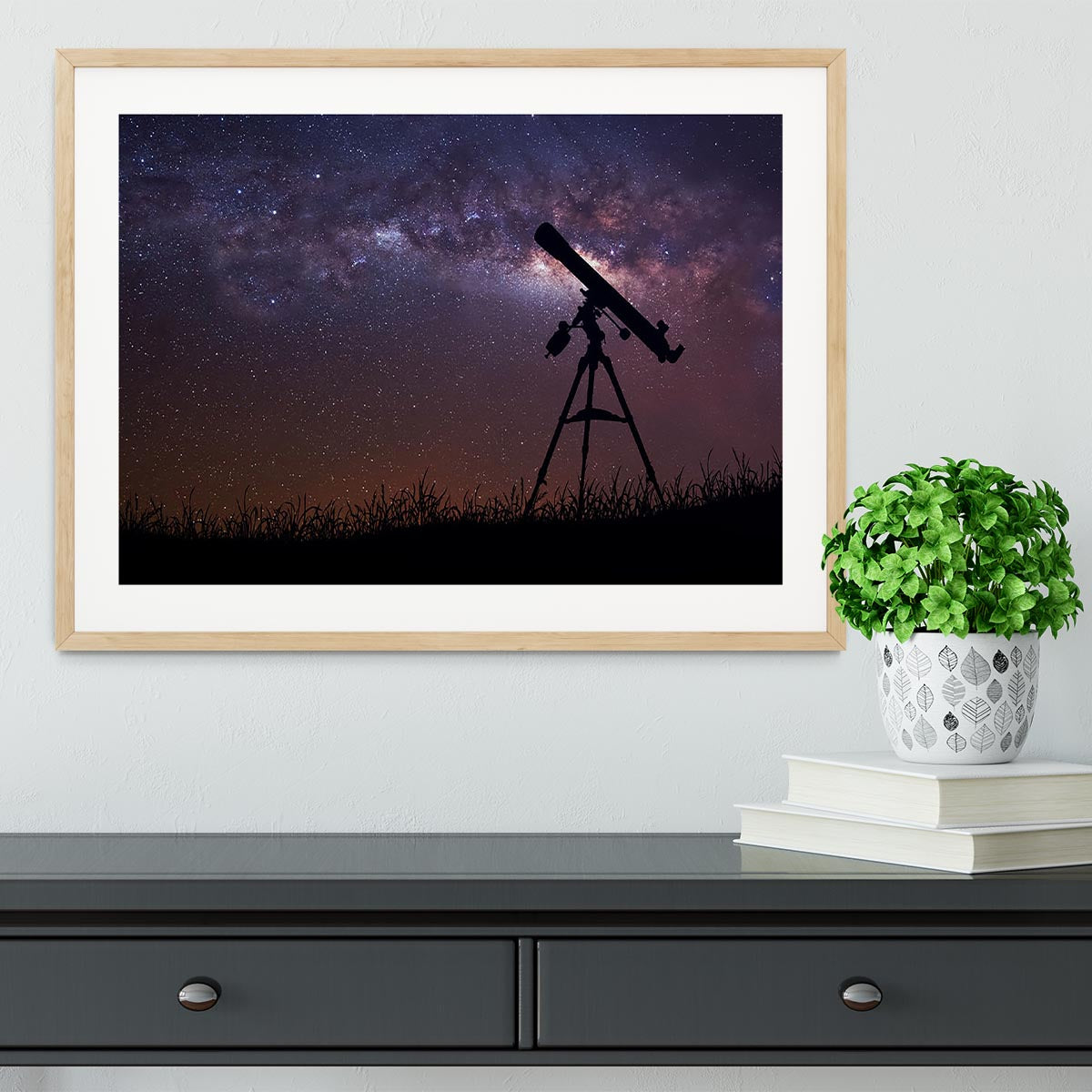 Infinite space background with silhouette of telescope Framed Print - Canvas Art Rocks - 3