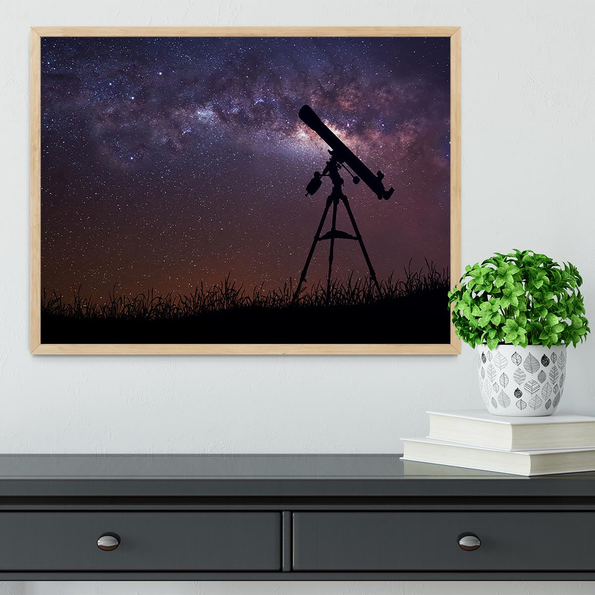 Infinite space background with silhouette of telescope Framed Print - Canvas Art Rocks - 4