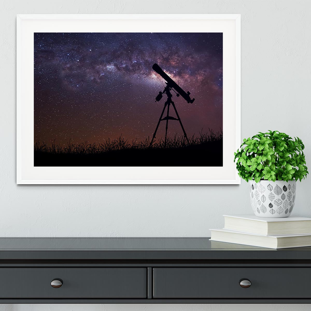 Infinite space background with silhouette of telescope Framed Print - Canvas Art Rocks - 5