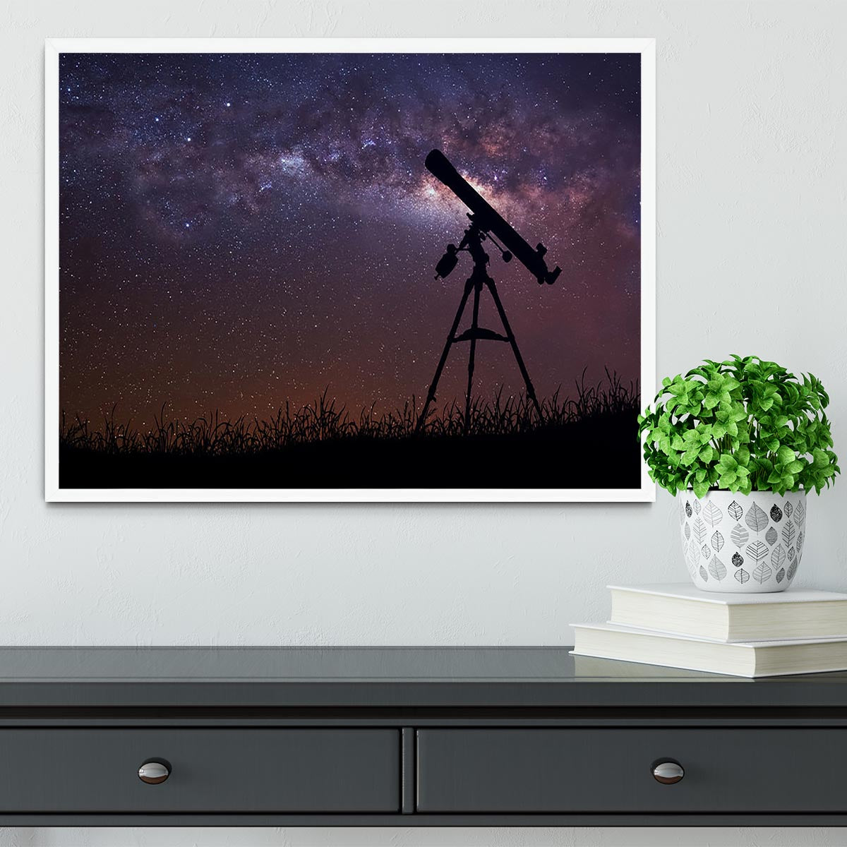 Infinite space background with silhouette of telescope Framed Print - Canvas Art Rocks -6