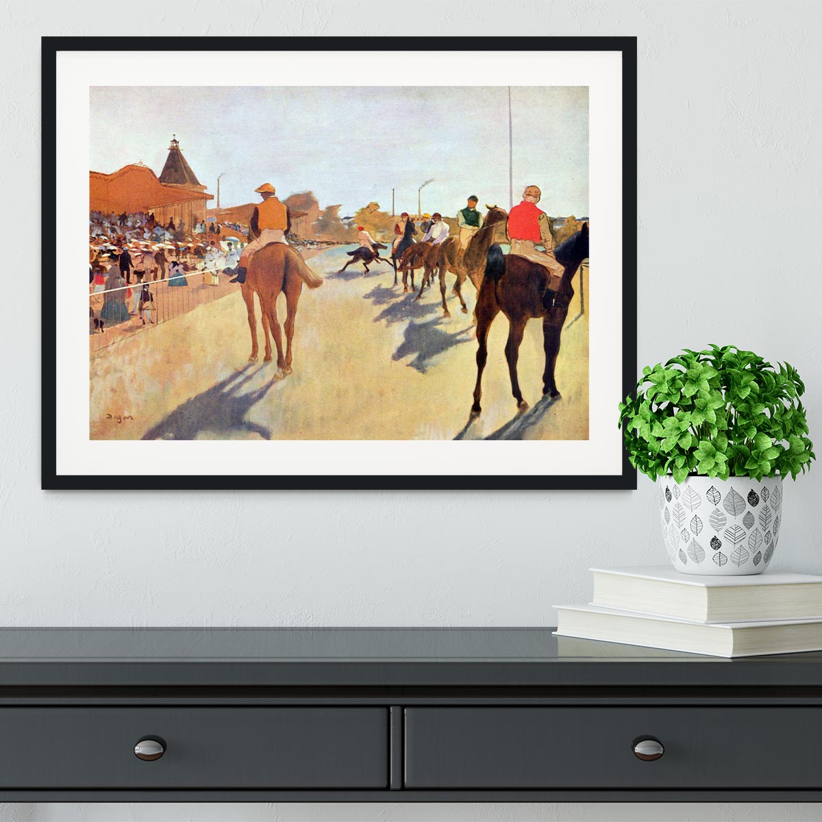 Jockeys in front of the grandstand by Degas Framed Print - Canvas Art Rocks - 1