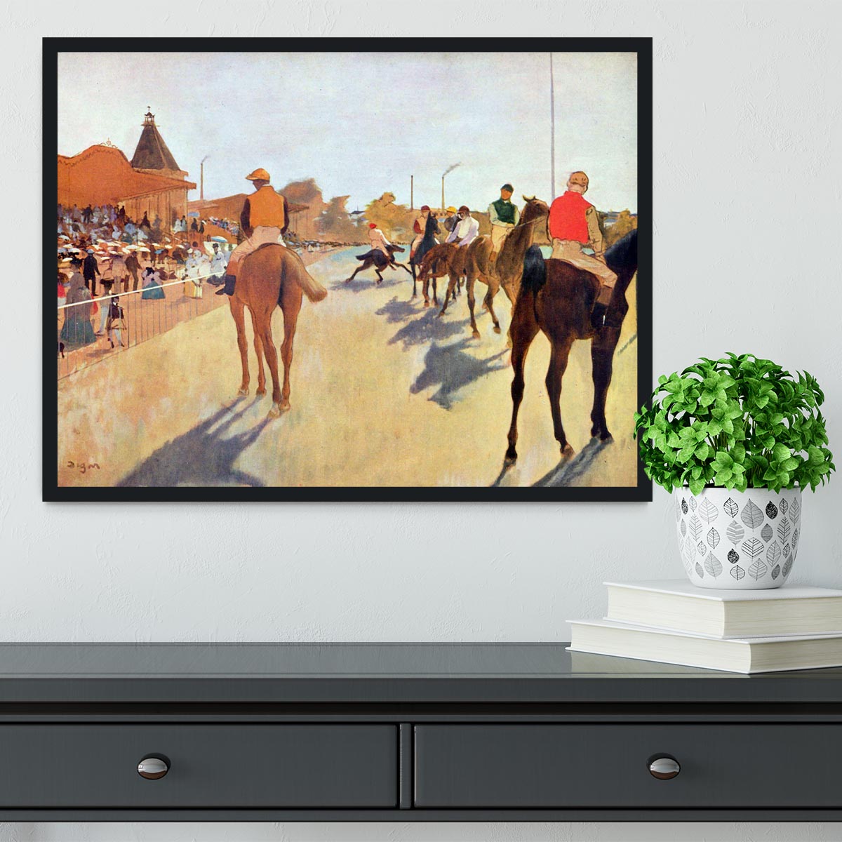 Jockeys in front of the grandstand by Degas Framed Print - Canvas Art Rocks - 2