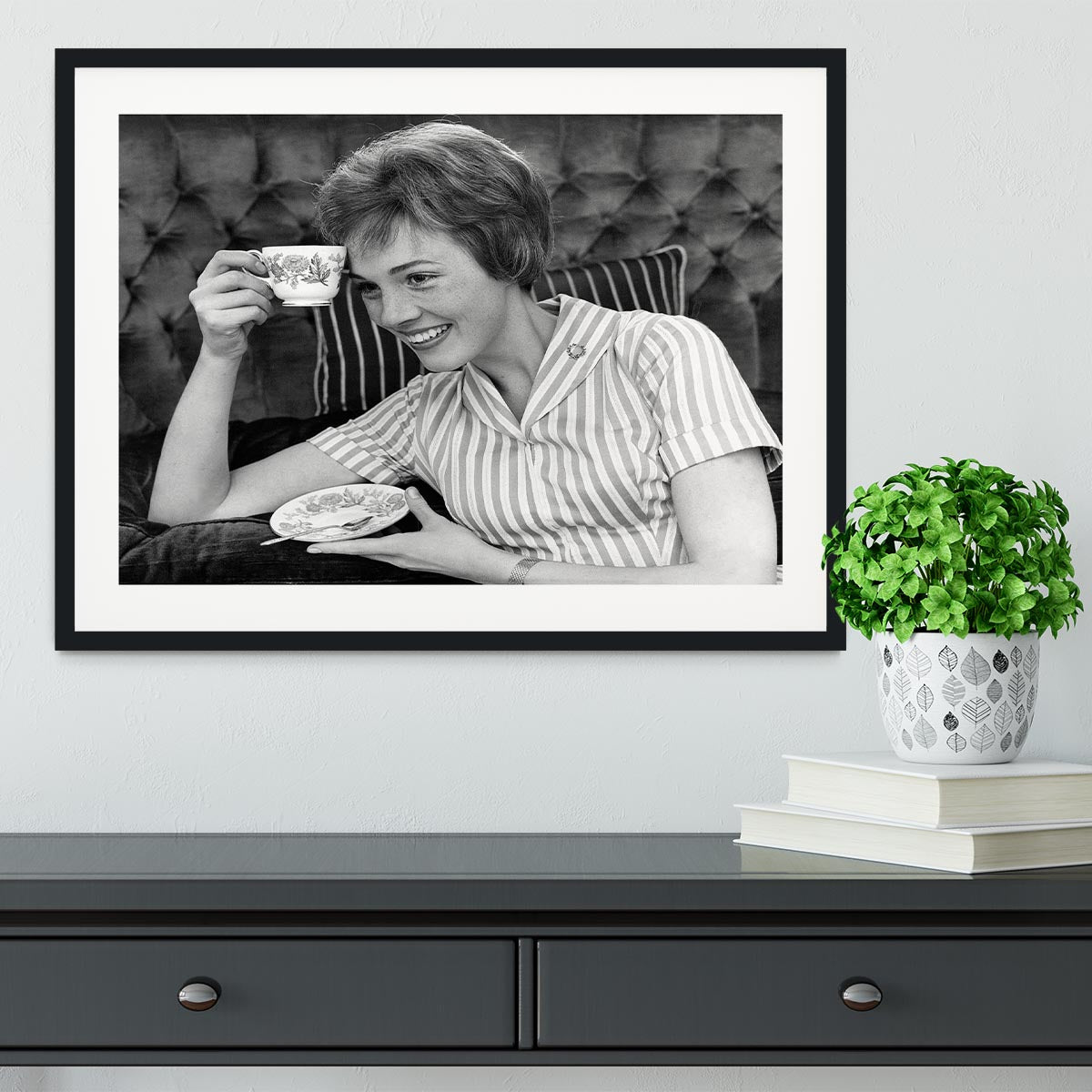 Julie Andrews with a cup of tea Framed Print - Canvas Art Rocks - 1