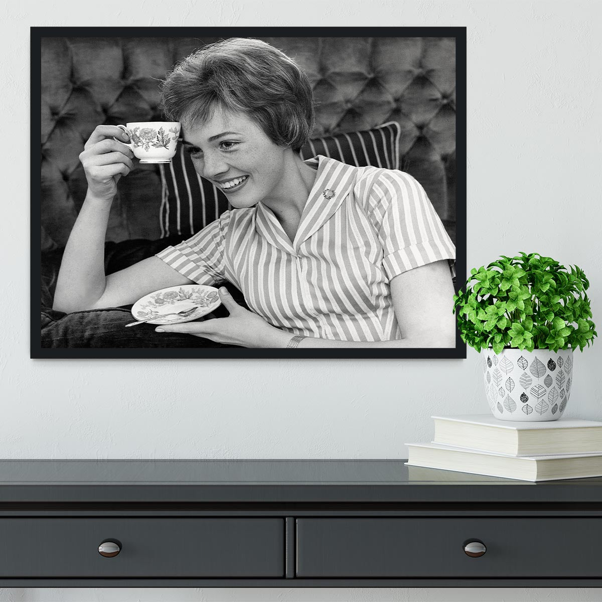 Julie Andrews with a cup of tea Framed Print - Canvas Art Rocks - 2