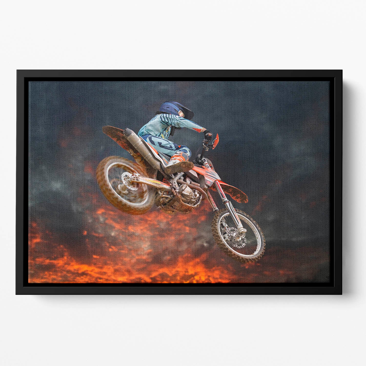 Jumping motocross rider Floating Framed Canvas