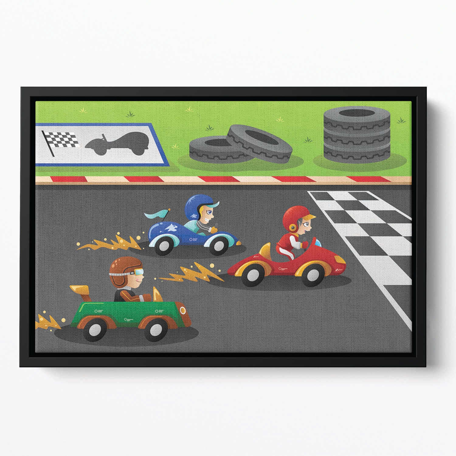 Kids in a car racing Floating Framed Canvas