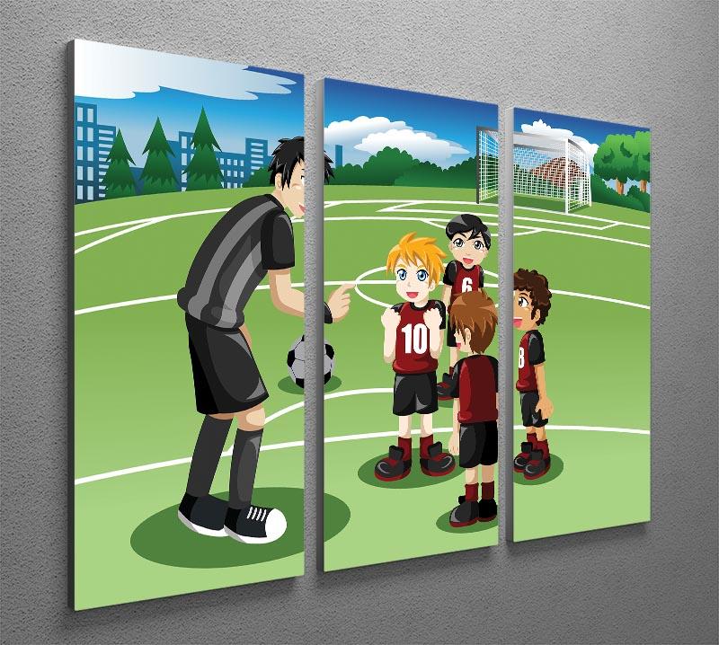 Kids in soccer field listening to their coach 3 Split Panel Canvas Print - Canvas Art Rocks - 2